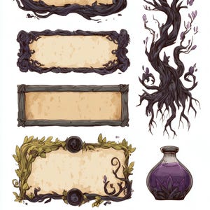 witchy potion labels and fantasy game ui elements with mystical frames apothecary tags magical symbols parchment textures for digital design image 7