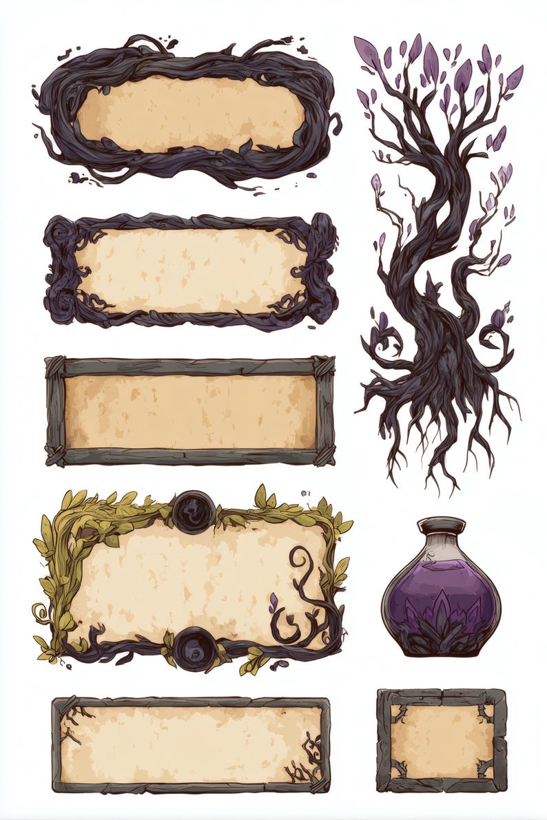 witchy potion labels and fantasy game ui elements with mystical frames apothecary tags magical symbols parchment textures for digital design image 7