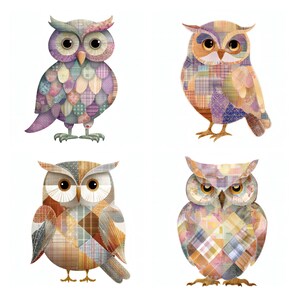 May include: Four owl illustrations featuring patchwork patterns in various colors. The top left owl has purple and teal tones, the top right has orange and purple, the bottom left has brown and tan, and the bottom right has muted pink and blue.