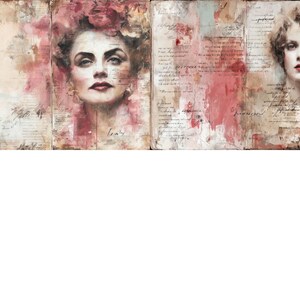 Puede incluir: Una obra de arte de varios paneles con dos retratos de mujeres con est&eacute;tica vintage. El primer retrato muestra a una mujer con cabello oscuro y un tocado floral, mientras que el segundo representa a una mujer con cabello rizado. El fondo incluye escritura y trazos de pintura abstractos.
