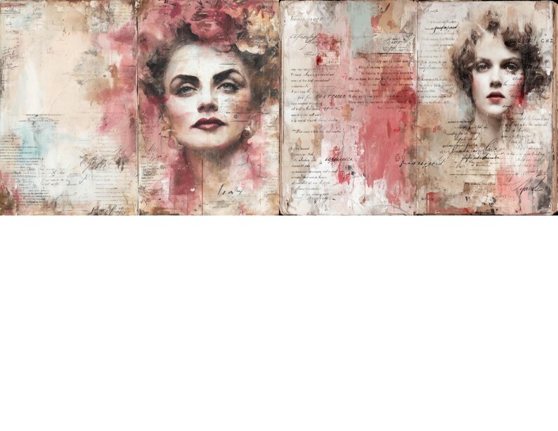 Puede incluir: Una obra de arte de varios paneles con dos retratos de mujeres con est&eacute;tica vintage. El primer retrato muestra a una mujer con cabello oscuro y un tocado floral, mientras que el segundo representa a una mujer con cabello rizado. El fondo incluye escritura y trazos de pintura abstractos.