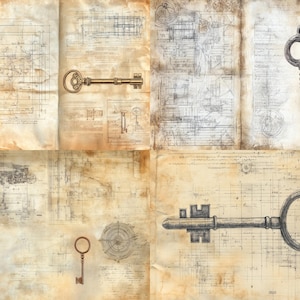 May include: A collage of four aged, parchment-style paper backgrounds featuring intricate technical blueprints and mechanical drawings. Four distinct metal keys of varying sizes and designs are overlaid across the vintage-toned paper surfaces.
