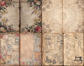 May include: A collage of vintage-style paper pages with floral and lace designs. The pages feature faded colors, handwritten text, and illustrations of sewing tools and dress designs. The overall aesthetic is antique and romantic.