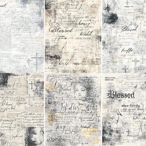 Könnte beinhalten: Eine Collage aus sechs Tafeln mit Vintage-Ästhetik. Jede Tafel zeigt handschriftliche Schrift, Kreuze und das Wort "Blessed". Die Farbpalette ist hauptsächlich Creme, Grau und Schwarz, was einen verwitterten, gealterten Eindruck erzeugt. Einige Tafeln enthalten Illustrationen von Gesichtern.