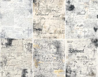 Vintage witte ongewenste tijdschriftpagina's, printable Angel Cross-tekst, zwart-wit antieke schrift-clipart, spiritueel tijdschrift Paper Kit 12 pagina's