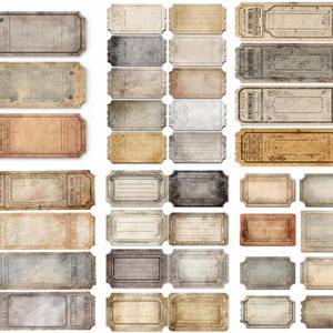 Puede incluir: Una colección de boletos y etiquetas de estilo vintage en varios tamaños y formas. Los boletos presentan texturas de papel envejecido, con colores que van del beige y marrón al gris. Algunos tienen bordes decorativos y espacios en blanco para texto.