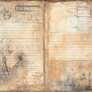 May include: An open, vintage book with aged, lined pages. The pages are stained with brown and black marks, and feature stamps, handwritten text, and a faint botanical illustration. The overall aesthetic is antique and weathered.