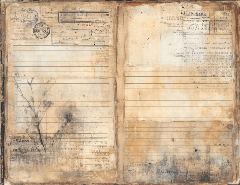 May include: An open, vintage book with aged, lined pages. The pages are stained with brown and black marks, and feature stamps, handwritten text, and a faint botanical illustration. The overall aesthetic is antique and weathered.