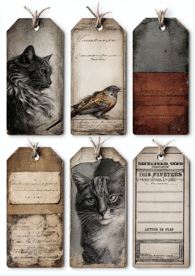 Cat Labels Paper Cat Pocket Labels Printable, Vintage Cat Labels, Journal Pocket ...