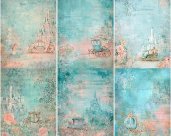 May include: Six panels of a vintage fairytale collage. Each panel has a light blue and pink backdrop with illustrations of castles, horse-drawn carriages, and floral arrangements. The style is reminiscent of a watercolour painting.