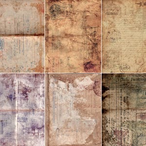 May include: A collage of six vintage paper backgrounds. The papers have a distressed, aged appearance with faded colors of brown, beige, and purple. Some papers feature stamps, handwritten text, and decorative borders, evoking a sense of history and nostalgia.
