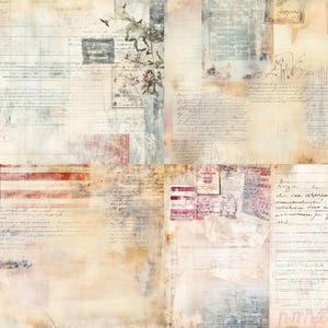 May include: A collage of vintage-style ephemera featuring aged parchment paper, handwritten cursive script, and faded grid lines. The design includes a weathered American flag, various postage stamps, and botanical illustrations in muted tones.