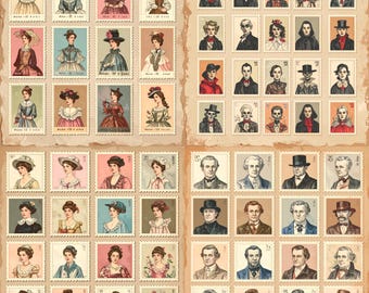 Vintage 18th Century People Ephemera Sheet Bundle with 100+ Stamps, Collage Paper for Junk Journals, Antique Man & Woman Printables Stamps