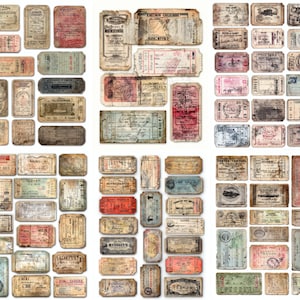 Può includere: Una collezione di biglietti e oggetti effimeri vintage. I biglietti presentano varie forme e dimensioni, con colori sbiaditi e dettagli scritti a mano. I colori includono beige, marrone, rosso e blu. La collezione evoca nostalgia e storia.