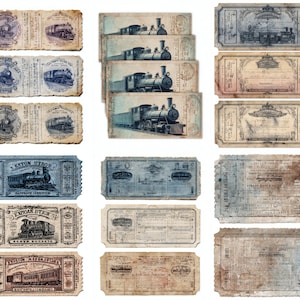 Pode incluir: Uma coleção de bilhetes de comboio antigos com vários designs e cores. Os bilhetes apresentam ilustrações de locomotivas a vapor e texto detalhado, com uma aparência desgastada e envelhecida. A paleta de cores inclui tons de azul, castanho e bege.