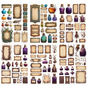 May include: A collection of digital illustrations featuring ornate frames, labels, and potion bottles. The bottles contain colorful liquids in shades of blue, green, orange, and purple. The frames and labels have a vintage, fantasy theme.