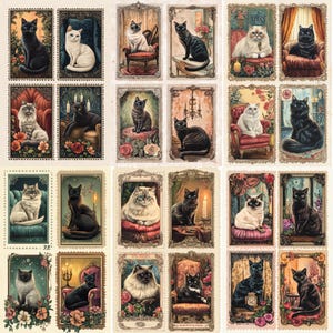 Pode incluir: Uma coleção de selos postais em estilo vintage com várias raças de gatos. Cada selo mostra um gato diferente em uma pose régia, cercado por molduras ornamentadas, flores e velas. As cores da pelagem dos gatos variam do preto e branco ao cinza e marrom.