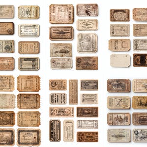 May include: A collection of vintage-style tickets and ephemera, featuring various shapes and sizes. The tickets have a distressed, aged appearance with faded colors of brown, beige, and cream. Some tickets have text and illustrations.