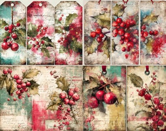 Junk Journal Kit, Christmas Tags and Labels Printable, Holiday Ephemera Pages, Winter Journal Paper, Festive Paper Pack, christmas labels