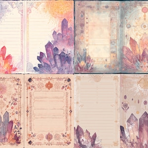 May include: A set of four open journals with watercolor illustrations. Each journal features a crystal cluster design in shades of pink, purple, and orange. The pages have lined and decorative borders with celestial and floral elements.