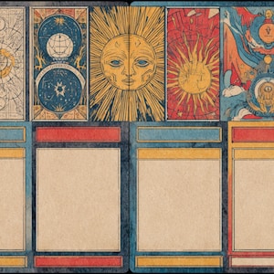 May include: A vintage-style tarot card deck featuring colorful illustrations. The cards showcase celestial and sun-themed imagery in shades of blue, red, yellow, and beige. The deck includes detailed artwork and blank spaces for text, perfect for divination or collecting.