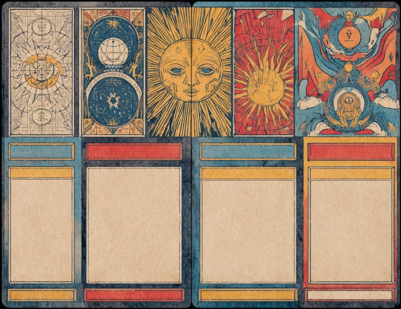 May include: A vintage-style tarot card deck featuring colorful illustrations. The cards showcase celestial and sun-themed imagery in shades of blue, red, yellow, and beige. The deck includes detailed artwork and blank spaces for text, perfect for divination or collecting.