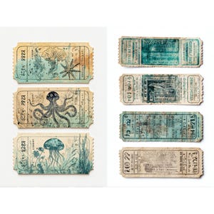 vintage oceaankaartjes afdrukbaar zeemeermin thema kortstondig vel voor junk journaling scrapbooking ambachten retro ticket uitsnede met antiek ontwerp