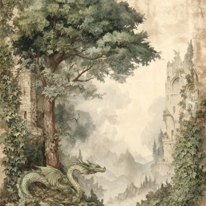 May include: Watercolor painting of a fantasy landscape featuring a green dragon, castle ruins, and a large tree. The artwork has a muted color palette with shades of green, brown, and beige, creating a mystical and enchanting scene.