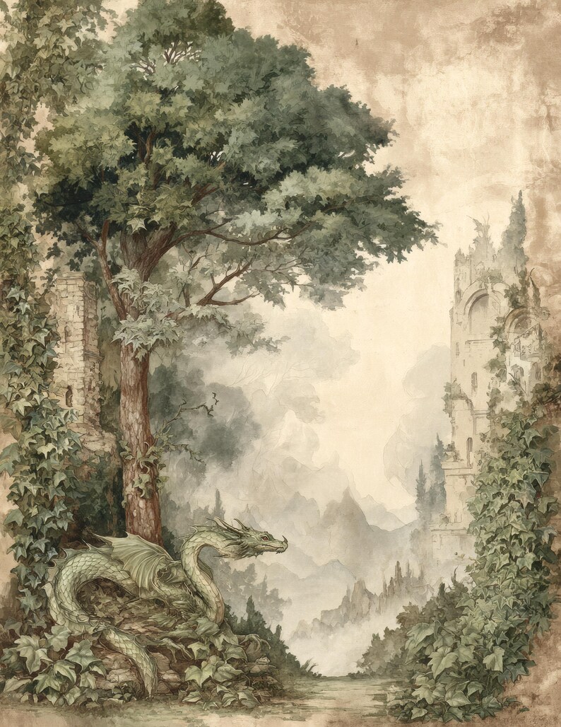 May include: Watercolor painting of a fantasy landscape featuring a green dragon, castle ruins, and a large tree. The artwork has a muted color palette with shades of green, brown, and beige, creating a mystical and enchanting scene.