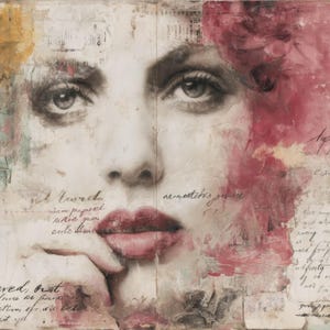 Puede incluir: Obra de arte en t&eacute;cnica mixta que presenta el rostro de una mujer con una est&eacute;tica vintage. El retrato utiliza una paleta de colores apagados con tonos de rosa, beige y gris. La escritura manuscrita se superpone a la imagen, lo que se suma al estilo art&iacute;stico.