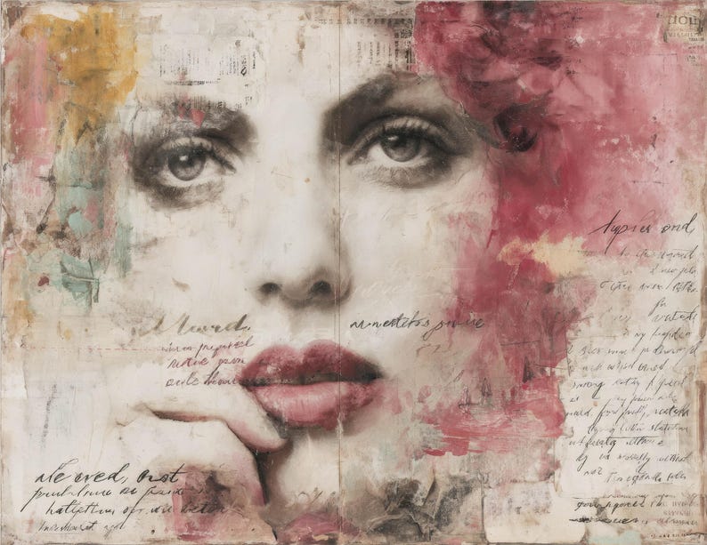 Puede incluir: Obra de arte en t&eacute;cnica mixta que presenta el rostro de una mujer con una est&eacute;tica vintage. El retrato utiliza una paleta de colores apagados con tonos de rosa, beige y gris. La escritura manuscrita se superpone a la imagen, lo que se suma al estilo art&iacute;stico.