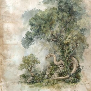 May include: Watercolor painting of a dragon in a forest setting. The dragon is a pale beige color, resting on a stone structure surrounded by lush green foliage. The background features trees and a soft, cloudy sky.