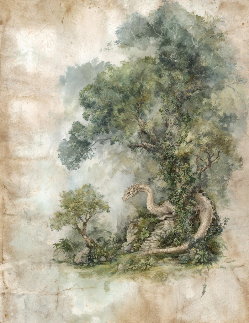 May include: Watercolor painting of a dragon in a forest setting. The dragon is a pale beige color, resting on a stone structure surrounded by lush green foliage. The background features trees and a soft, cloudy sky.