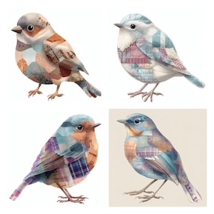 May include: Four illustrations of birds, each featuring a patchwork design composed of various fabric patterns in shades of brown, tan, blue, purple, and white. The birds are depicted in profile, showcasing intricate textures and layered geometric shapes.
