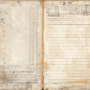 May include: Open vintage book pages with aged paper. The pages feature handwritten text, stamps, and lines. The paper has a sepia tone with dark spots and stains, giving it a worn, antique appearance. The book is open, showing both pages.