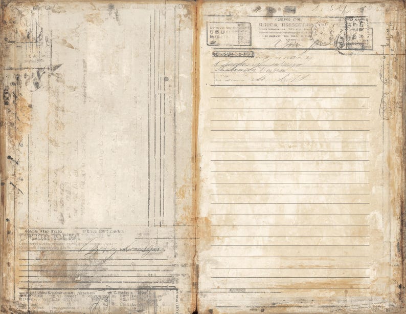 May include: Open vintage book pages with aged paper. The pages feature handwritten text, stamps, and lines. The paper has a sepia tone with dark spots and stains, giving it a worn, antique appearance. The book is open, showing both pages.