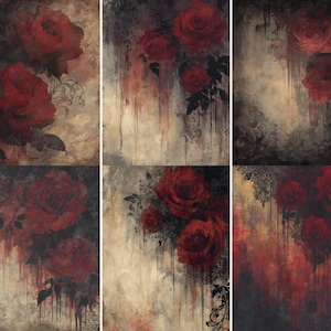 Könnte beinhalten: Ein Satz von sechs vertikalen Kunstdrucken mit großen, dunkelroten Rosen vor einem strukturierten, verwitterten Hintergrund. Das Kunstwerk hat eine Vintage- und Gothic-Ästhetik mit tropfenden Farbeffekten und verzierten, dunklen Akzenten.
