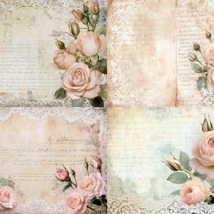 May include: A collection of four digital paper backgrounds featuring vintage-style cream and beige parchment textures, delicate white lace borders, and soft pink rose illustrations with green leaves and handwritten cursive script text.