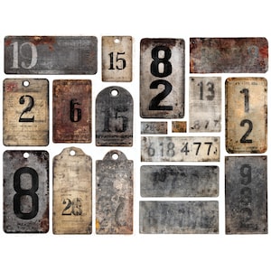 Printable grunge number tags collage sheet industrial ephemera distressed labels rusted metal style for junk journaling scrapbooking crafts