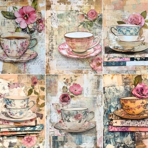 May include: Collage art featuring six teacups and saucers with floral designs. Each teacup is a different color, including pink, blue, and yellow, and is set against a textured background with floral accents. The teacups are arranged in a grid-like pattern.