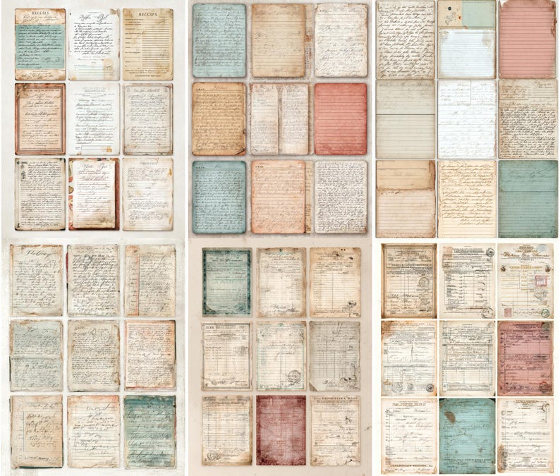 Op de afbeelding: Een verzameling vintage papieren ephemera, met verouderde texturen en handschrift. De papieren vari&euml;ren in kleur, waaronder tinten beige, blauw en roze. Sommige papieren hebben lijnen of rasterpatronen, andere zijn blanco of bevatten bonnetjes.