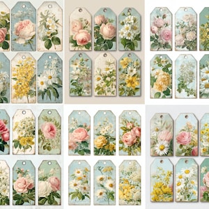 May include: A collection of vintage-style gift tags featuring floral designs. Each tag showcases a different arrangement of roses, daisies, and other flowers in shades of pink, yellow, and white against a light blue background. The tags have a distressed, aged appearance.