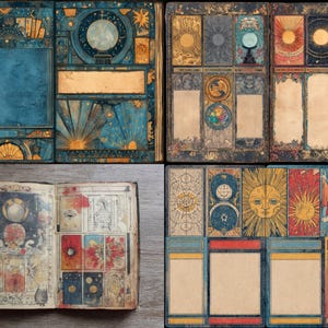 May include: A collection of vintage-style tarot cards and open books with celestial and astrological illustrations. The color palette includes blues, golds, and browns. The designs feature suns, moons, stars, and other cosmic elements, suggesting a mystical or spiritual theme.