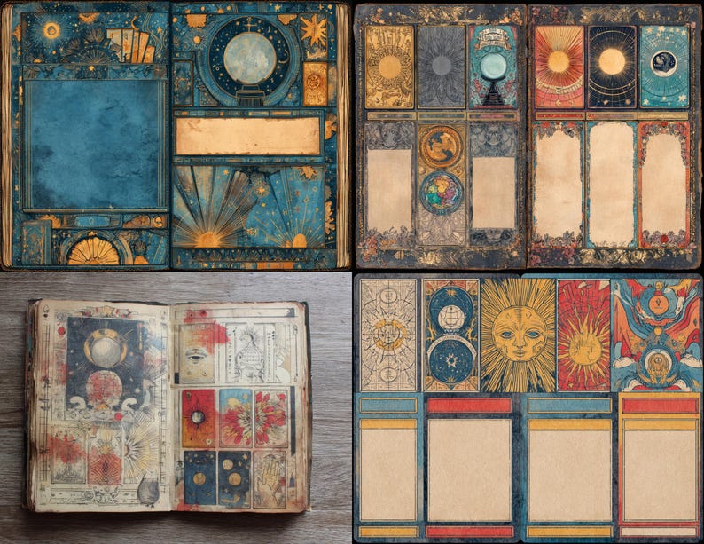 May include: A collection of vintage-style tarot cards and open books with celestial and astrological illustrations. The color palette includes blues, golds, and browns. The designs feature suns, moons, stars, and other cosmic elements, suggesting a mystical or spiritual theme.