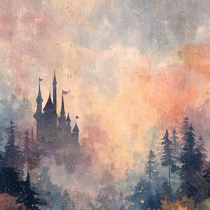 May include: Watercolor painting of a castle silhouette with multiple turrets and flags, set in a misty forest. The artwork features a color palette of blues, pinks, and golds, creating a dreamy, fairytale aesthetic.