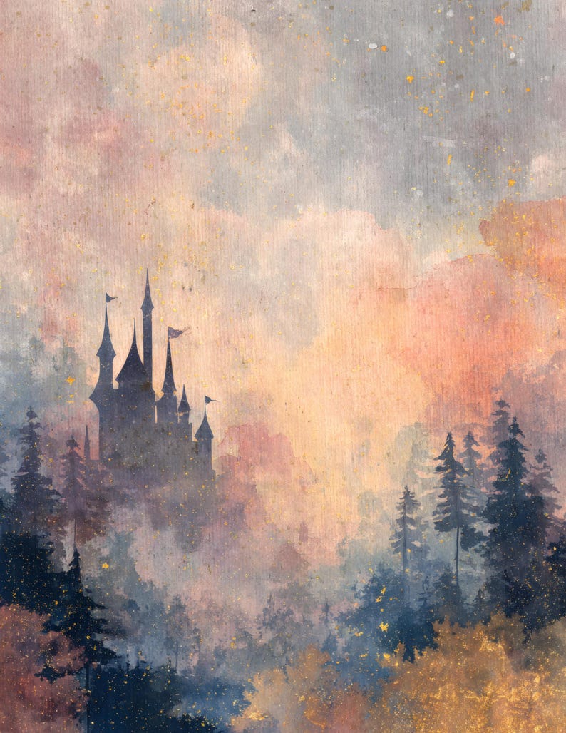 May include: Watercolor painting of a castle silhouette with multiple turrets and flags, set in a misty forest. The artwork features a color palette of blues, pinks, and golds, creating a dreamy, fairytale aesthetic.