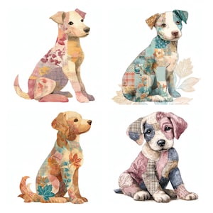 May include: Four illustrations of dogs in a sitting position, each featuring a unique patchwork design. The dogs are rendered with various patterns, including floral, plaid, and geometric motifs in shades of pink, blue, brown, and cream.