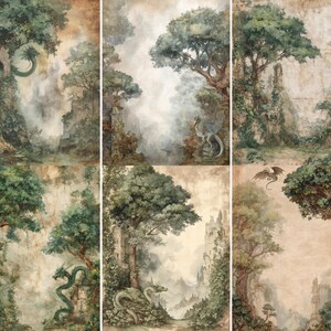 May include: A set of six fantasy art panels depicting a mystical forest scene. Each panel features trees, ruins, and dragons in shades of green, brown, and gray. The artwork evokes a sense of mystery and adventure.
