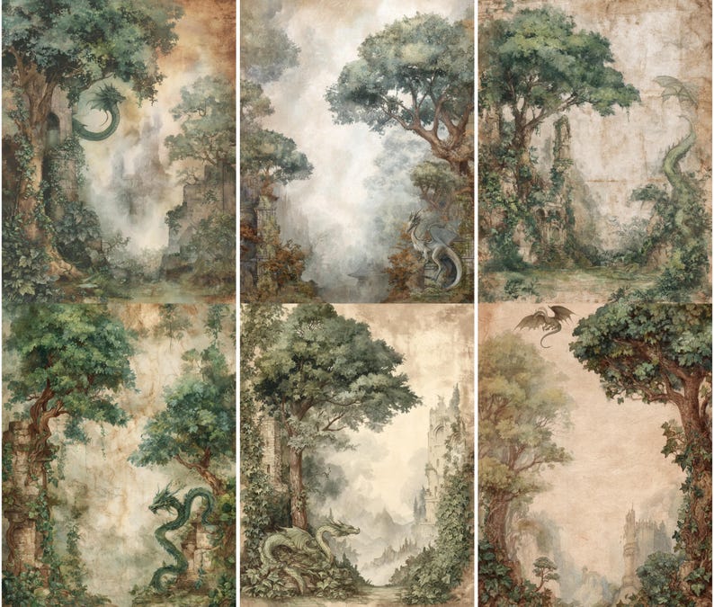 May include: A set of six fantasy art panels depicting a mystical forest scene. Each panel features trees, ruins, and dragons in shades of green, brown, and gray. The artwork evokes a sense of mystery and adventure.