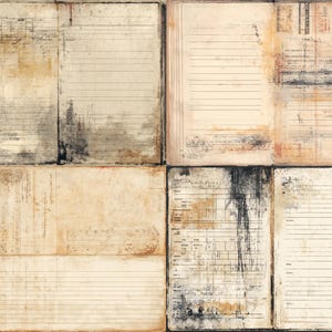 May include: A collage of aged paper textures, featuring open book pages with lined and blank spaces. The pages display faded colours, stains, and handwritten notes, creating a vintage aesthetic. The overall theme is a scrapbook or journal.
